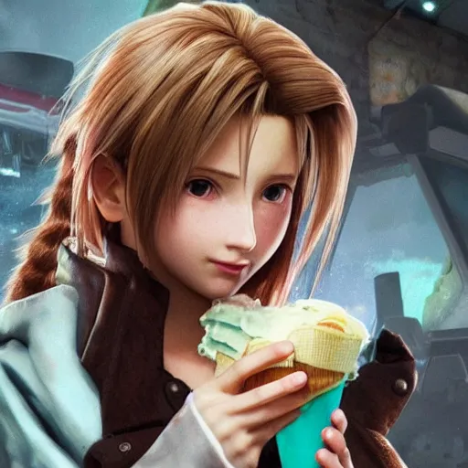 Image similar to Aerith Gainsborough from Final Fantasy VII Remake eating an ice cream cone