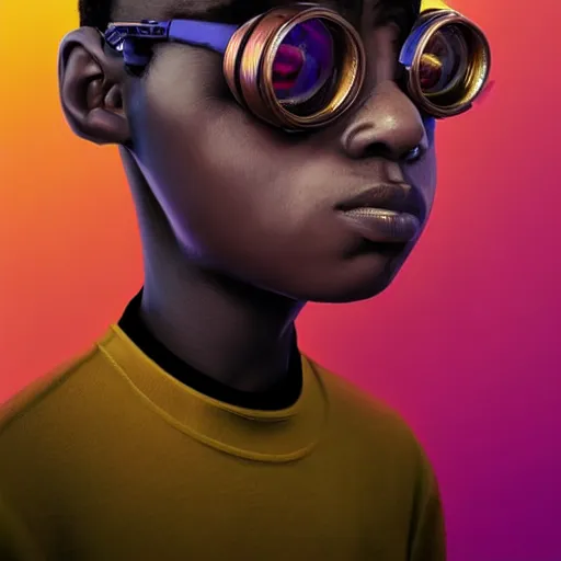 Image similar to colourful vfx upper half - portrait - art of a nigerian boy wearing steam punk goggles, art by hsiao - ron cheng & james jean, digital render, digital illustration, concept art, caricature, volumetric light, ray tracing, symmetrical, unreal engine, octane 3 d render, sharp, detailed, intricate detail, pinterest, behance, art station,