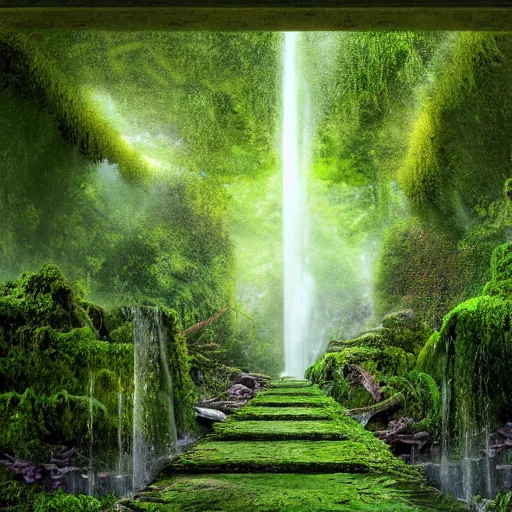 Prompt: a realistic digital painting of a run - down hallway of a building covered in moss, lotus leaves fungi with a giant waterfall at bursting through the hallway