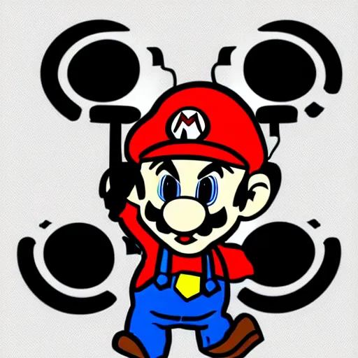 Image similar to svg sticker of a Pop-Wonder SuperMario, Mario-Wearing-a-red-hat, at a rave, spinning records, giant headphones rocking out, wearing headphones, huge speakers, dancing, rave, DJ, spinning records, digital art, amazing composition, rule-of-thirds, award-winning, trending on artstation, featured on deviantart