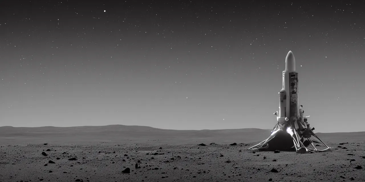 Image similar to black and white photo of a rocket landing on mars, stars and space in the dark background, cinematic film still, sharp focus, high contrast, wide angle view, astrophotography, 4 k