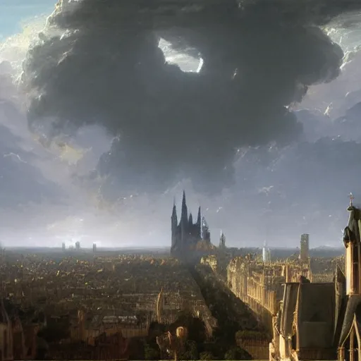 Prompt: semi cloudy day in gothic Paris , gargoyles flying in the air, old gothic French architecture, painting by Thomas Cole, award winning concept art, trending on Artstation, 8k, 4K