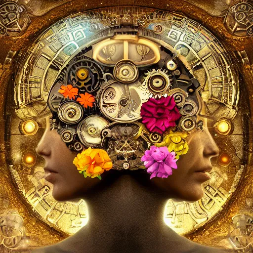 Image similar to a beautiful intricate fine art portrait photo of a mechanical industrial steampunk cybernetic yin yang symbol, overgrown with colorful flowers and leaves by tom bagshaw and sean archer, golden ratio composition, studio lighting, 50mm lens, very detailed, bionic, cybernetic scifi, deep depth of field, artstation, 8K, highly coherent