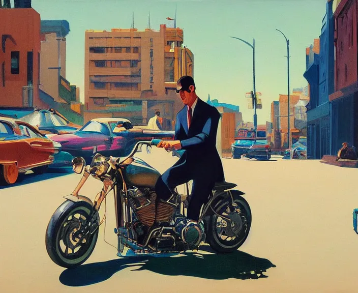 Image similar to a very detailed painting of a man wearing a suit, his head is a skull, riding a motorbike down a street, harley davidson motorbike, worm's - eye view, very fine brush strokes, very aesthetic, very futuristic, in the style of edward hopper and grant wood and syd mead, 4 k,