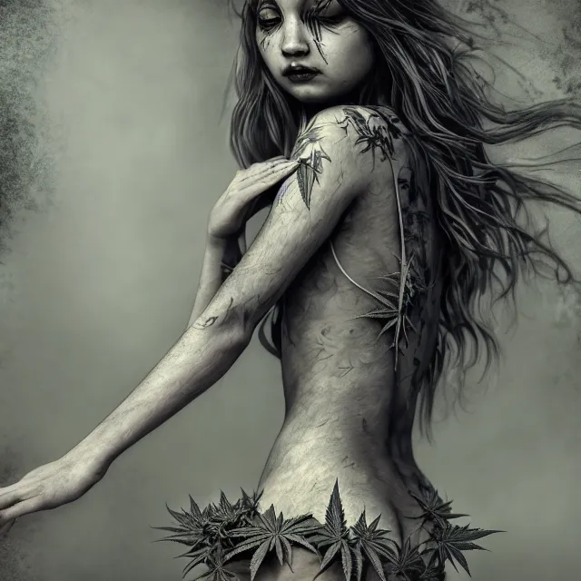 Image similar to full body pose, beautiful adult marijuana fairy, grungy, grunge, highly detailed, 4 k, hdr, smooth, sharp focus, high resolution, award - winning photo, artgerm, photorealistic