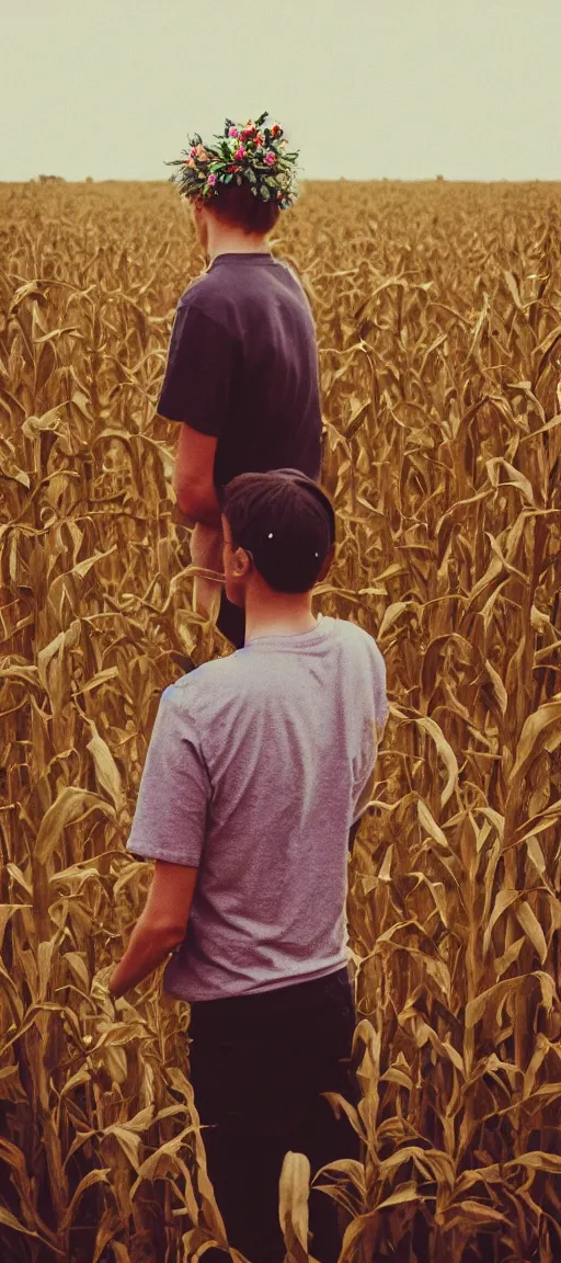 Image similar to agfa vista 4 0 0 photograph of a skinny blonde guy standing in a cornfield, flower crown, back view, grain, moody lighting, telephoto, 9 0 s vibe, blurry background, vaporwave colors!, faded!,