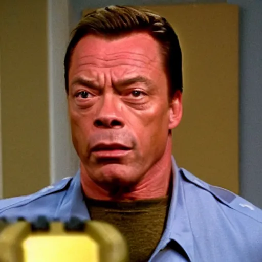 Prompt: Jean Claude Vandamme as Stanley on the office, cinematic still, high quality,