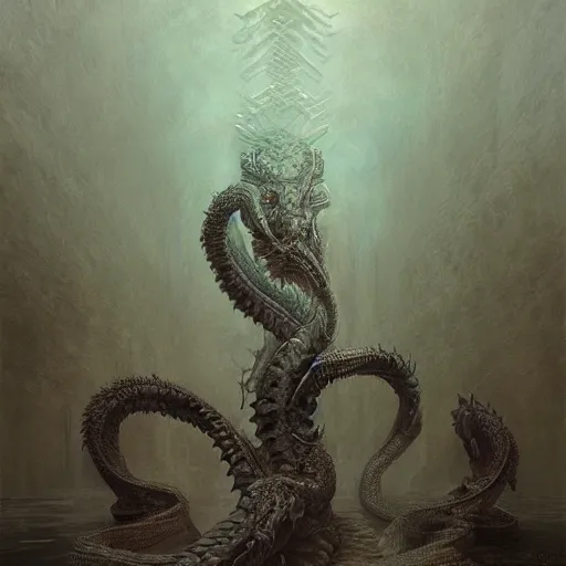 Prompt: concept art of a hydra, dragon with many heads, a painting by beksinski, by ruan jia, by austin osman spare, symbolist painting, mist, volumetric render, digital painting, detailed painting, occult