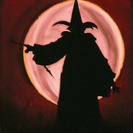 Image similar to Silhouette of a scary clown by Gerald Brom, film grain