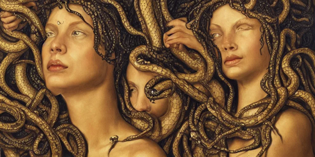 Image similar to realistic portrait of medusa with her snakes, golden, delicate, hyper realism, 1 4 5 0, ink, ultra realistic, 8 k