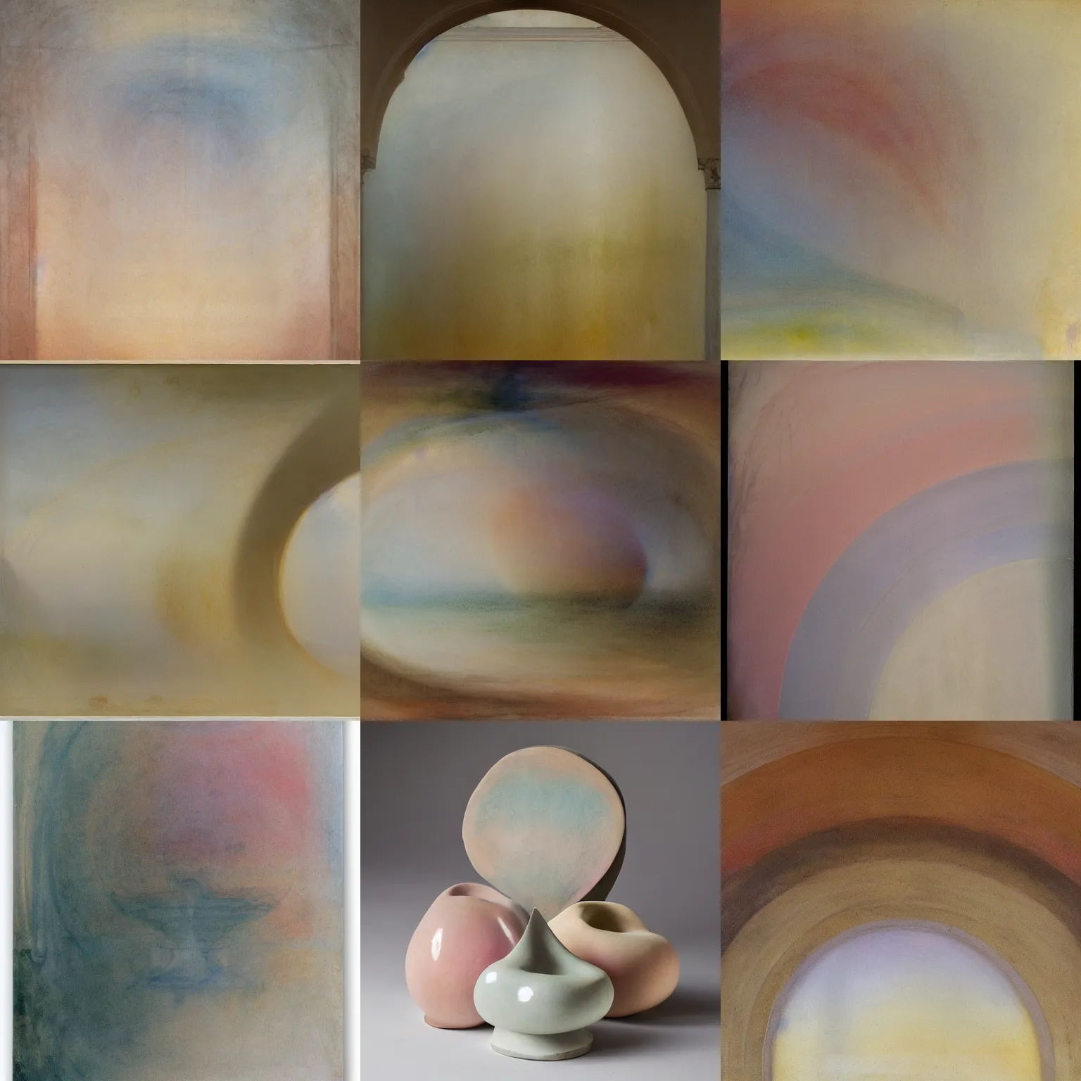 Prompt: singular balanced asymmetrical arched biomorphic form with ombre pastel colors, by jmw turner, professional peach photography