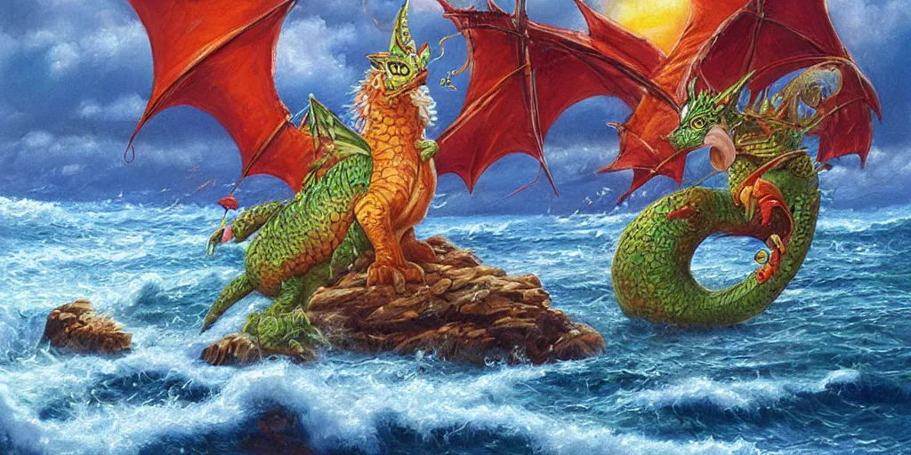 Image similar to beautiful painting of Puff the Magic Dragon lived by the Sea painted by Ralph Horsley, vivid fantasy