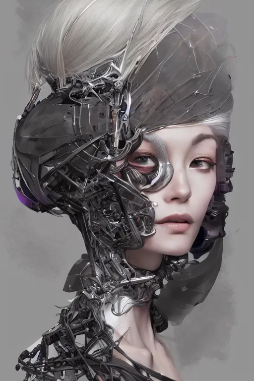 Image similar to organic cyborg head wrapped in silk, 3d, third person, sci-fi fantasy, intricate, elegant, highly detailed, lifelike, photorealistic, digital painting, artstation, illustration, concept art, sharp focus, art in the style of Shigenori Soejima