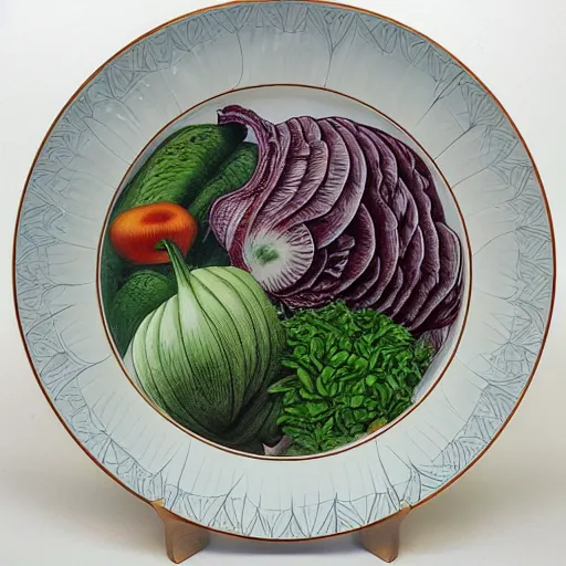 Prompt: a beautiful plate of vegetables, by junji ito, by laurie lipton, by bernie wrightson, masterpiece, stunning, hyper realistic, lots of colours, 8 k