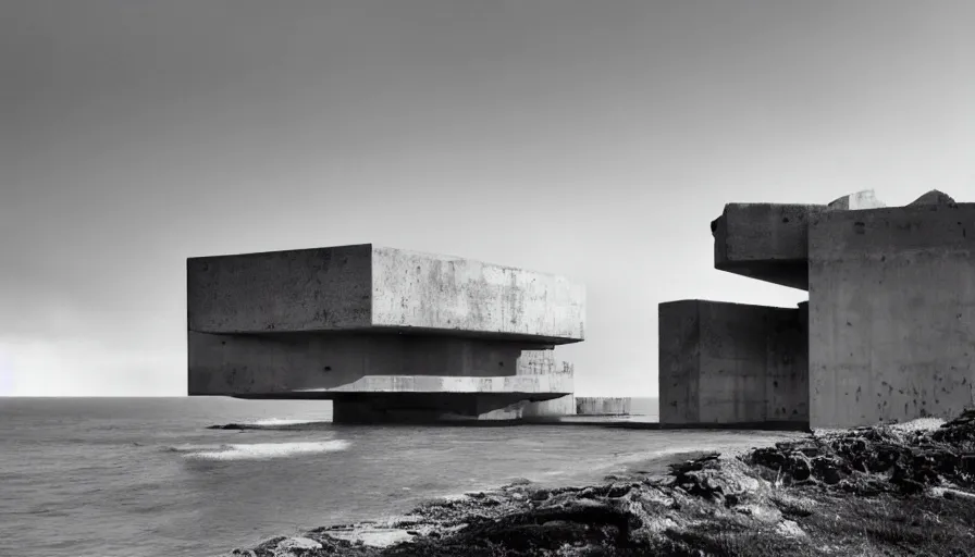 Image similar to brutalist base perched on a cliff overlooking a magnificient bay, drawing architecture, fog horizon, pritzker architecture prize, greig fraser