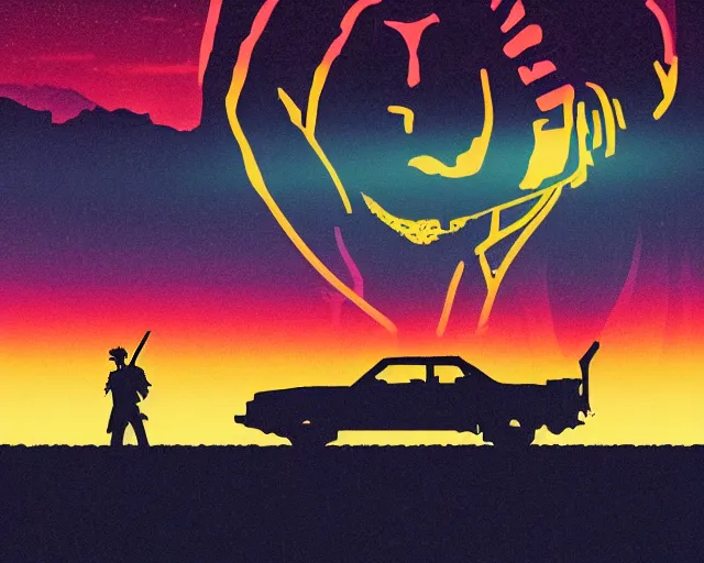 Prompt: cowboy bebop silhouette in the desert, synthwave