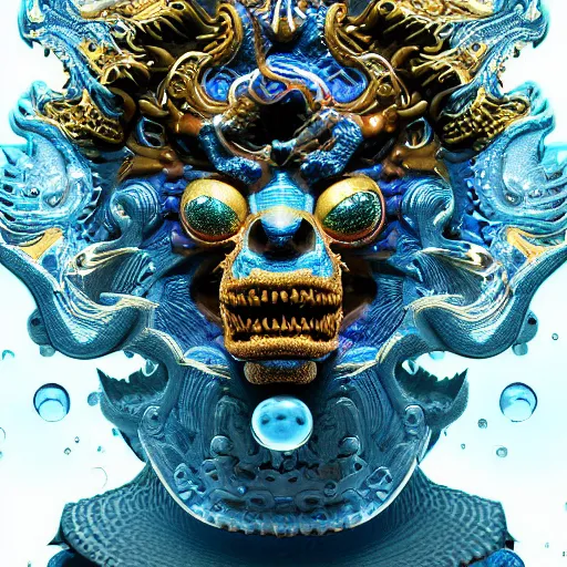 Image similar to 3 d demon close up frontal view, portrait, astral, with ram golden skull. beautiful intricately detailed japanese fractal kitsune mask, water and clasical japanese kimono. betta fish, jellyfish fractal, bio luminescent, plasma, ice, water, wind, creature, mandelbulb, fractal, artwork by tooth wu and wlop and beeple and greg rutkowski