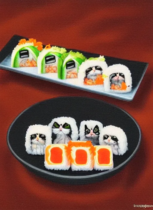 Image similar to clear photorealistic picture of adorable cats made out of sushi