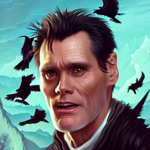 Image similar to jim carrey controlling evil ravens, demonic, evil, satanic, intricate, highly detailed, digital painting, artstation, concept art, smooth, sharp focus, illustration, unreal engine 5, 8 k, art by artgerm and greg rutkowski and alphonse mucha