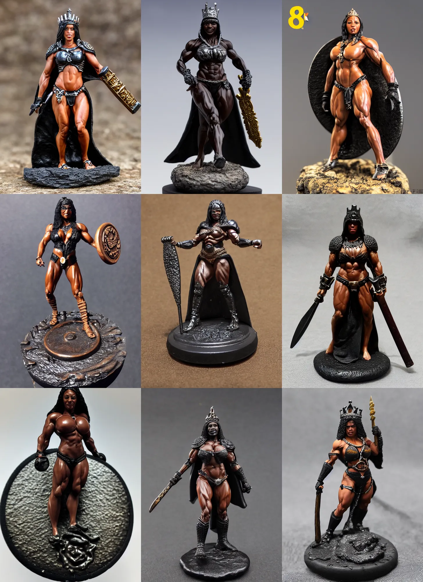 Prompt: 80mm resin detailed miniature of a Very Muscular Queen, black skin, long cloak, bikini-armor, iron crown, skinhead, on textured disc base, Company logo in upper left corner; Miniature product Photo, 4K, Full body