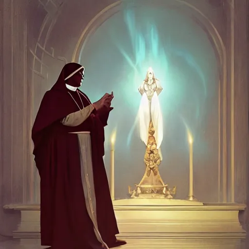 Prompt: highly detailed vfx portrait of dark - skinned nun casting spell on the pope, stephen bliss, greg rutkowski, loish, rhads, beeple, makoto shinkai, tom bagshaw, alphonse mucha, sharp focus, art by artgerm and greg rutkowski, stanley kubrick, backlit, harsh overhead sunlight,