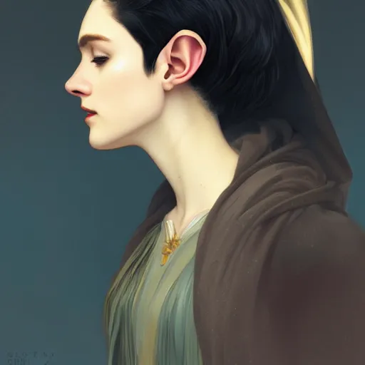 Prompt: side portrait of very beautiful elf, wearing a hood, hair over face, headshot, looking up, hyper realistic, pale skin, dark black hair, 4k, rule of thirds, extreme detail, detailed drawing, trending artstation, hd, fantasy, D&D, realistic lighting, by Alphonse Mucha, Greg Rutkowski, sharp focus, backlit, elegant