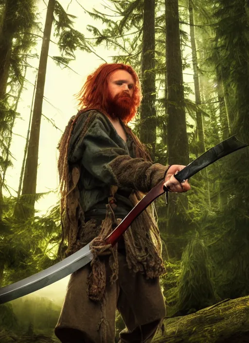 Prompt: 8K, grungy redhead 30-something bearded long haired swordsman holding a short curved sword in a ultradetailed pacific northwest redcedar forest, smooth, sharp focus, illustration. sharp focus, grungy matte painting detailed, intricate, cinematic lighting,