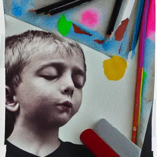 Prompt: portrait of a boy with his eyes closed, drawing pictures on a notebook, a collage painting, in the style of wes anderson, isolated on negative white space background dark monochrome neon spraypaint accents volumetric octane render