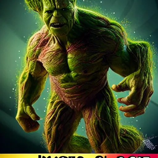 Image similar to imagine groot as hulk hd, fine, dynamic lighting,