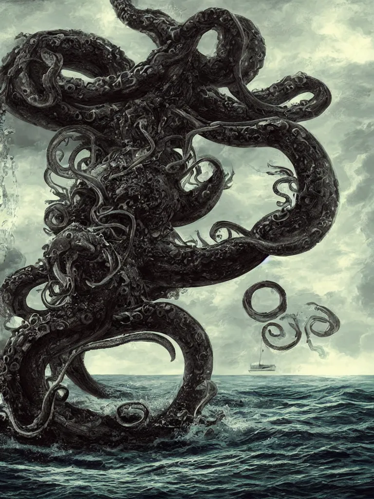 Image similar to digital art of a kraken attacking a ship on the surface of the ocean, detailed, dark, ominous