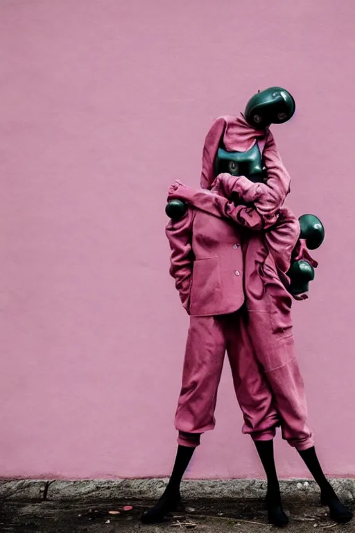 Image similar to a surreal portrait of intertwined and contorted figures wearing gas mask next to a pink wall in the style of brooke didonato, editorial fashion photography from vogue magazine, full shot, nikon d 8 1 0, ƒ / 2. 5, focal length : 8 5. 0 mm, exposure time : 1 / 8 0 0, iso : 2 0 0