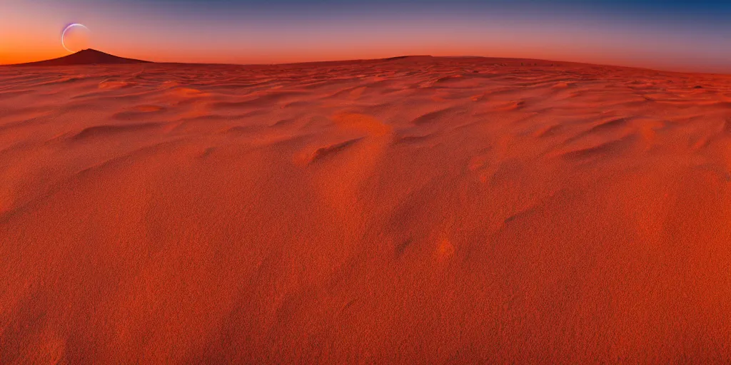 Prompt: egyptian desert with red sand hills, beautiful, dawn, photorealistic, panoramic shot, 4 k