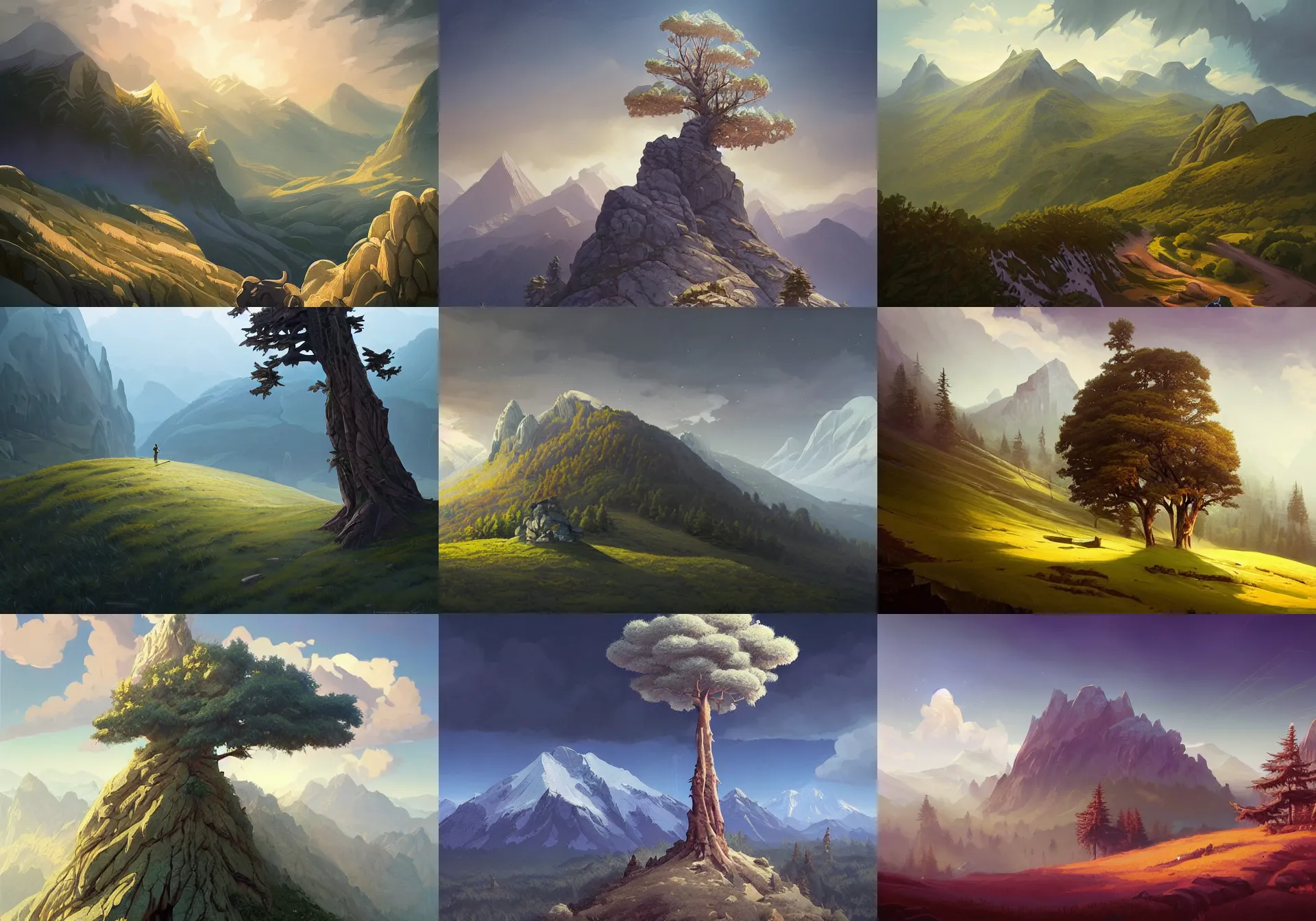 Image similar to mountain landscape without people, high trees, top of the hill, above low layered clouds, deep focus, fantasy, intricate, elegant, highly detailed, digital painting, artstation, concept art, matte, sharp focus, illustration, hearthstone, art by rhads and artgerm and greg rutkowski and alphonse mucha.