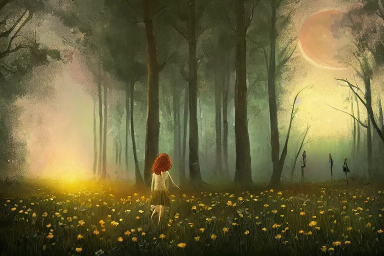 Prompt: giant daisy flowers head, girl walking in forest, surreal photography, dark night, stars, moon light, impressionist painting, clouds, digital painting, artstation, simon stalenhag