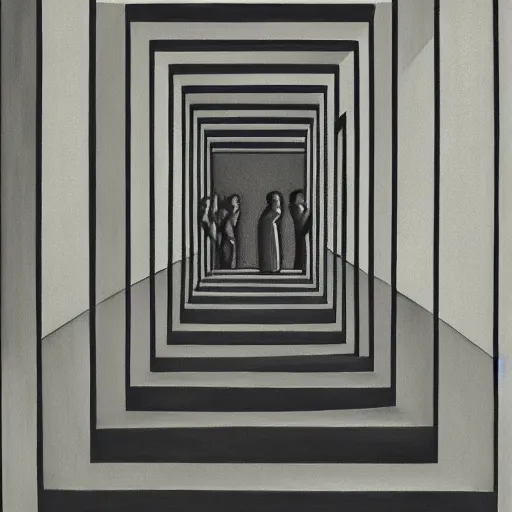 Image similar to first person view of a stark concrete maze, people stepping into elevators, grant wood, pj crook, edward hopper, oil on canvas