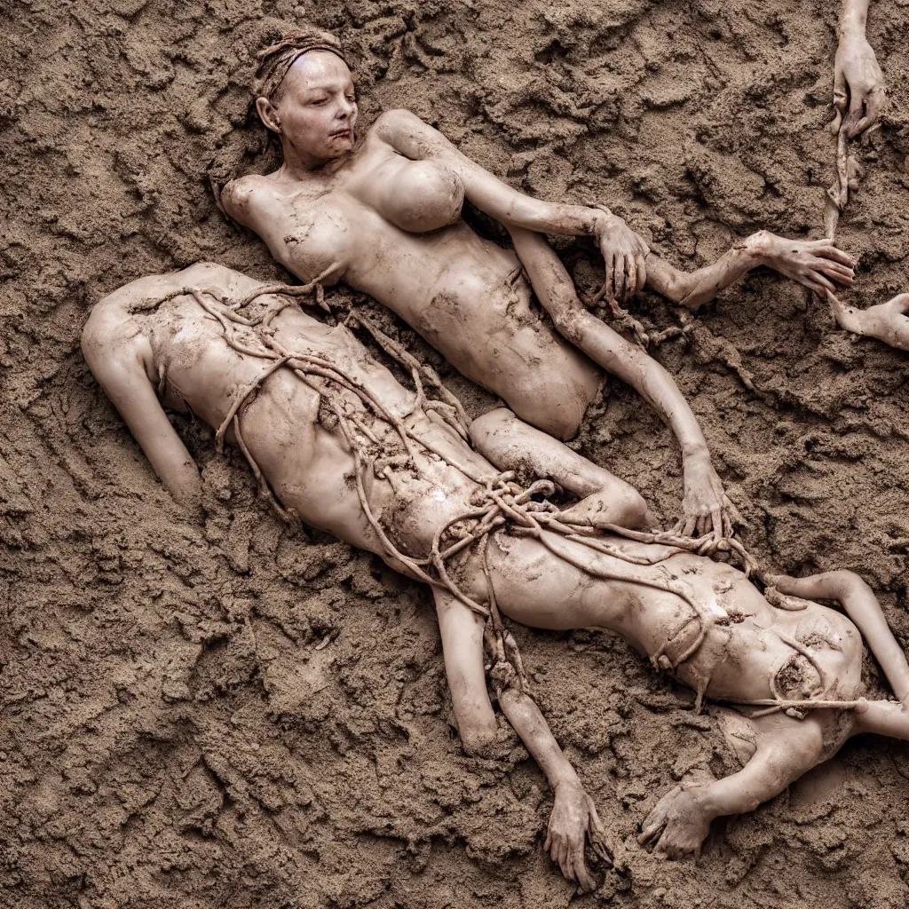 Image similar to overhead view a woman's corpse connected by an umbilical cord to a baby buried under sand, mud and rusty pipes, faded, depth of field,, ultra realistic, very detailed, by hans bellmer and nadav kander, 8 k hyper realistic detailed cinematic still