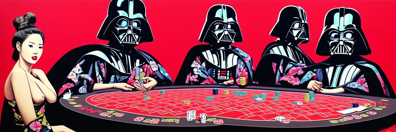 Image similar to hyperrealism composition of the detailed woman in a japanese kimono sitting at an extremely detailed poker table with darth vader, terminator, fireworks on the background, pop - art style, jacky tsai style, andy warhol style, acrylic on canvas