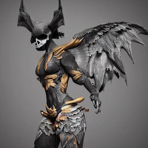 Prompt: a sculpture of a creature with bird wings and bat wings, birds, skulls, flowers. baroque elements, trending on artstation. unreal engine, octane render, cinematic lighting, hyper realism