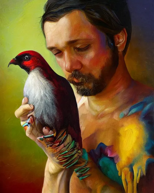 Image similar to a realistic stylized phychedelic painting of a man holding a bird in his hand, an oil painting by benito quinquela martin, behance contest winner, american scene painting, oil on canvas, detailed painting, art