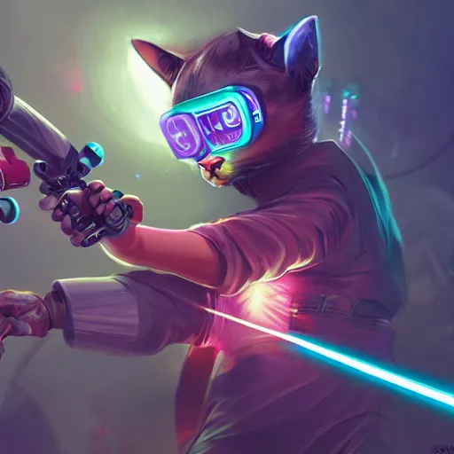 Image similar to cute modern cyberpunk cat fighting with a laser sword, full body, artstation, highly detailed, colorfull, digital painting, deep focus, sharp, smooth, rossdraws, dinamic lighthing, cinematic, hd wallpaper