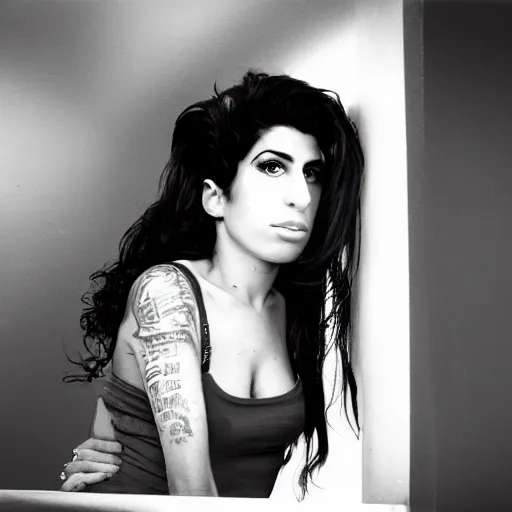 Image similar to close up headshot of Amy Winehouse, looking back over shoulder, telephoto lens, film photo, ektachrome 100, dark lit, detailed, realistic, rim light,