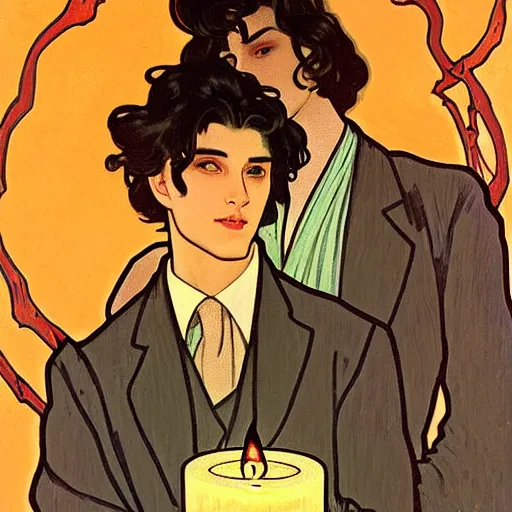 Image similar to painting of young cute handsome beautiful dark medium wavy hair man in his 2 0 s named shadow taehyung and cute handsome beautiful min - jun together at the halloween! party, bubbling cauldron!, candles!, smoke, autumn! colors, elegant, wearing suits!, delicate facial features, art by alphonse mucha, vincent van gogh, egon schiele