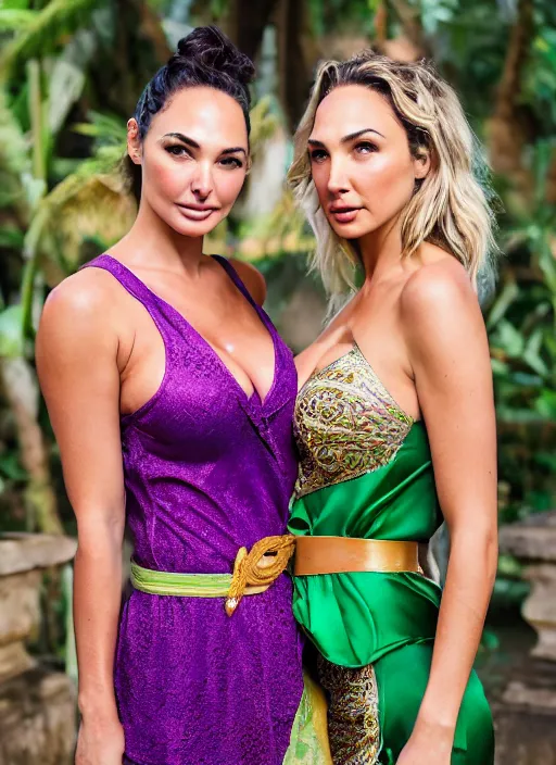 Image similar to portrait of lindsey pelas and gal gadot wearing green kebaya and purple silk belt in bali, by charlotte grimm, natural light, detailed face, beautiful features, symmetrical, canon eos c 3 0 0, ƒ 1. 8, 3 5 mm, 8 k, medium - format print, half body shot