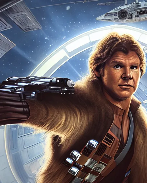 Image similar to portrait of han solo on the millennium falcon, harrison ford,, star wars, gta v, hyper realistic, ambient lighting, concept art, intricate, hyper detailed, smooth, action, volumetric lighting, george lucas, ralph mcquarrie, octane