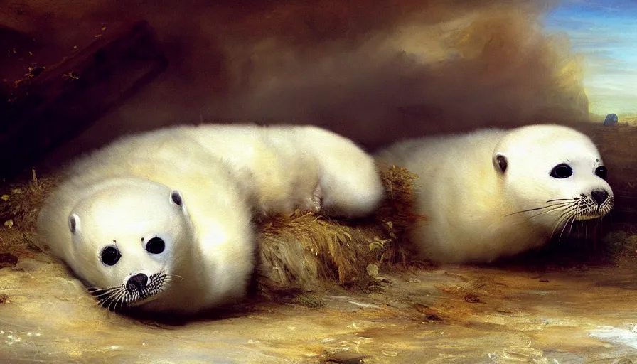 Prompt: highly detailed painting of cute furry white baby seals on an out of control car by william turner, by greg rutkowski, by william constable, thick brush strokes and visible paint layers, 4 k resolution