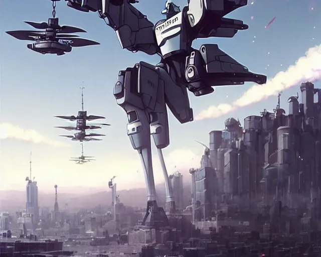 Image similar to Beautiful Epic scene of a beautiful gigantic Patlabor style mech being air lifted by futuristic helicopters above a futuristic Tokyo style military city, extreme detail, by Greg Rutkowski and Krenz Cushart and Pan_Ren_Wei and Hongkun_st and Bo Chen and Enze Fu and WLOP and Alex Chow, Madhouse Inc., anime style, crepuscular rays, set in rainy futuristic cyberpunk Tokyo street, dapped light, dark fantasy, cgsociety, trending on artstation