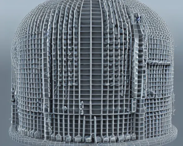 Prompt: 3 d sculpt of scifi cylindrical bulbous industrial building lattice facade by maschinen krieger, starcraft, halo, star wars, ilm, star citizen halo, mass effect, starship troopers, elysium, the expanse, high tech industrial, artstation unreal