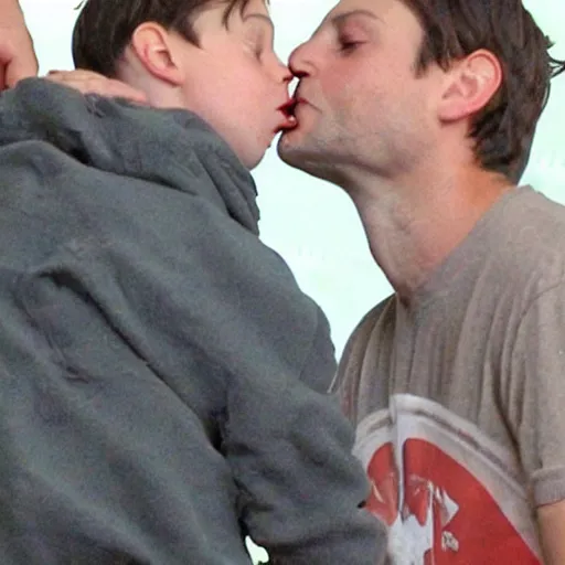 Prompt: tobey maguire kissing tobey maguire, kinda wet and sloppy, drooling, while eating messy greasy pizza