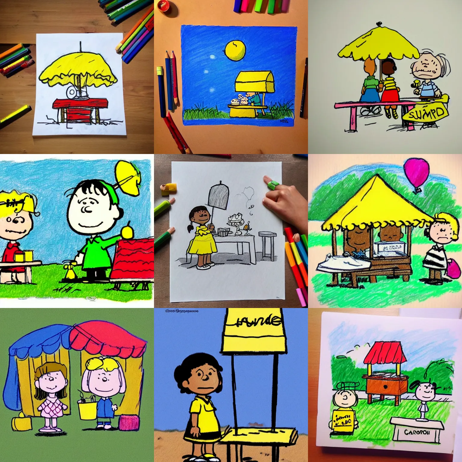 Prompt: a cute simple kid's crayon drawing of a lucrative summer lemonade stand owned by a young business savvy 👧🏿 entrepreneur, artstation, in the style of peanuts and charlie brown, by rossdraws and artgerm and studio ghibli, masterpiece, hd, award winning,