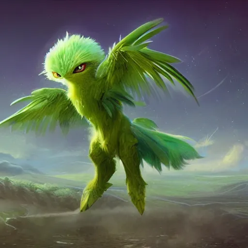 Image similar to a cute beautiful earth type pokemon, green feathers bursting out of his hair, full body shot, highly detailed digital art, 3 d perspective, award - winning illustration, aesthetic, smooth, pokemon style, made by greg rutkowski, with an alien landscape in the background